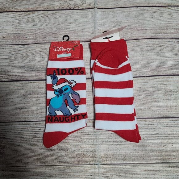 Disney Stitch Naughty Holiday Crew Socks - NEW - Picture 1 of 1